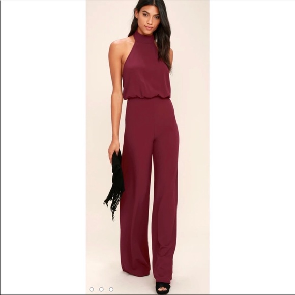 Lulu’s Moment For Life Wine Red Halter Jumpsuit NWT Small - Picture 2 of 11